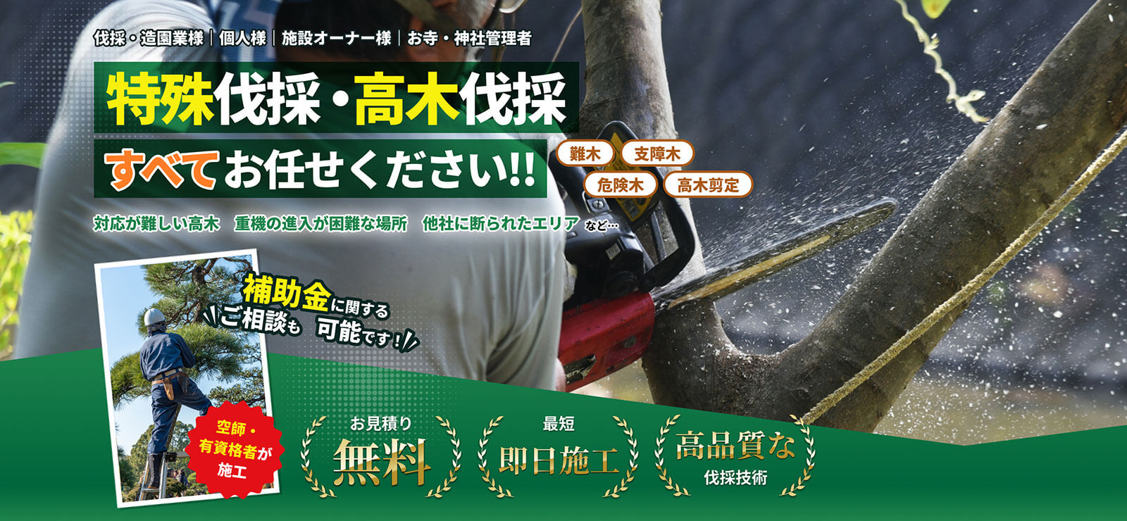伐採・造園業様|個人様|施設オーナー様|お寺・神社管理者様 特殊伐採・高木伐採すべてお任せ下さい!! 難木 支障木 危険木 高木剪定 対応が難しい高木 重機の進入が困難な場所 他社に断られたエリア など… 補助金に関するご相談も可能です!お見積り無料 最短即日施工 高品質な伐採技術